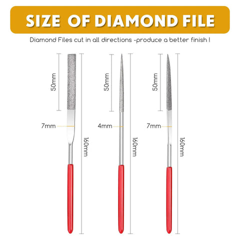 Size guide for Miniatures Needle Files Set For Modeling, 9 Pcs Round Flat Triangular Diamond Coated Files shown