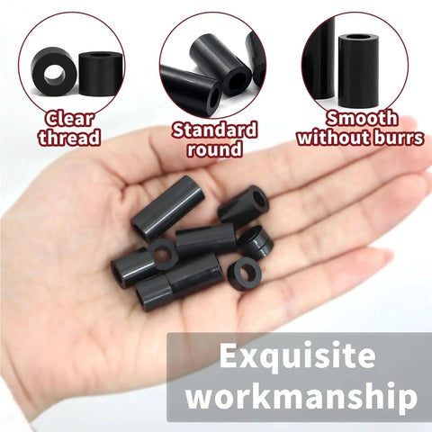 DIY Friendly Black Nylon Screw Spacer Kit 495 Pieces Round Spacers No Thread for Electrical Boxes Switches Outlets Versatile Inner Diameters and Lengths for Stable Quick Installations and Easy Replacements in Home Improvement Projects. Black nylon round spacers in hand