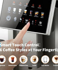 Close-up of Top Shelf Espresso Coffee Maker With Handy Milk Frother And Adjustable Grinding Blades control panel showcasing coffee styles.