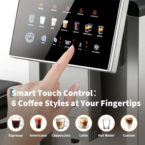 Close-up of Top Shelf Espresso Coffee Maker With Handy Milk Frother And Adjustable Grinding Blades control panel showcasing coffee styles.
