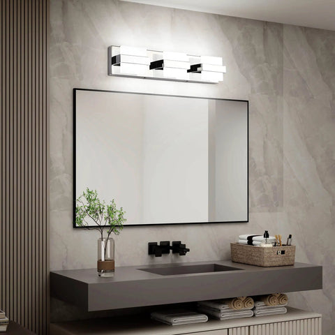 3 Light Chrome LED Bathroom Vanity Light Over Mirror 20 Inch White Dimmable Fixture Sleek Modern Vanity Lighting in bathroom setting