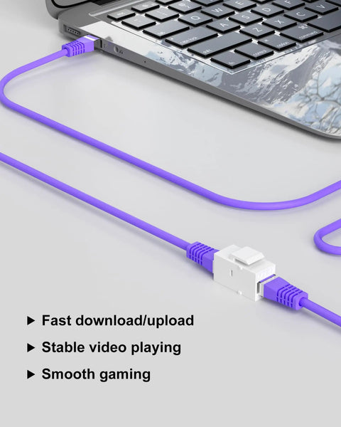 RJ45 Female To Female Ethernet Coupler Kit connecting laptop with purple cable for smooth data transfer and gaming