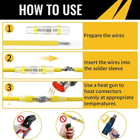 Steps to use Self Soldering Heat Shrink Solder Seal Wire Connectors Bundle Waterproof Insulated Butt Splice Terminals For Marine