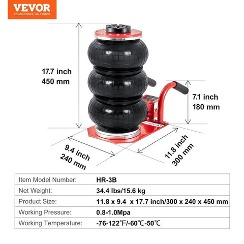 3 Ton Triple Bag Air Jack For Cars, Fast 5 Second Lift, 6600 Lbs Capacity, Lifts From 5.3 Inches To 15.75 Inches, Heavy Duty Pneumatic Car Lift With Short Handle, Red, showing dimensions and specifications.