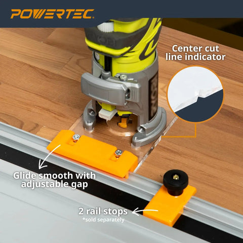 Router Guide Rail Adapter For Ryobi P601 PCL424 PCL424B And Ridgid R2911 Trim Routers on wooden surface with guide rails
