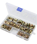 Jinhxofs Carbon Steel Flat Head Threaded Rivet Nut Insert Assortment Metric Cap Set With 150 Pieces in a plastic storage box.