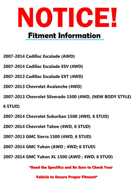 Fitment information for 4WD Front Wheel Bearing Hubs And CV Axles Kit for various GM models from 2007-2014, including Escalade and Sierra.