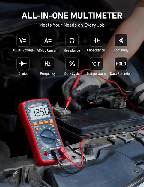 Digital Multimeter Pro Grade With True RMS And Auto And Manual Ranging, 4000 Counts Voltmeter in use on car battery
