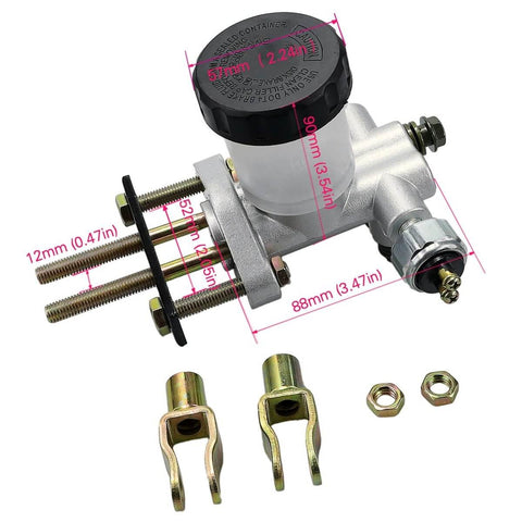 Heavy Duty Go Kart Hydraulic Brake Master Cylinder Replacement For 90cc To 250cc Go Karts And ATVs Aluminum Alloy Construction Braking System Master Cylinder Compatible With Sunl Kandi Roketa Kazuma Kinroad TaoTao Twister, showing measurements and components