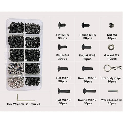 Beefed Up Stainless Steel RC Car Screws Kit With 361 Pieces Durable Hardware Set For One Eighth And One Tenth Scale RC Cars, Replacement Screws And Tools, Compatible With Traxxas And Axial Builds, Built To Take Real Rough Use, 361-piece kit with M3 screws, nuts, clips, and 2.0mm wrench