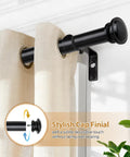 Telescoping Curtain Rod Adjustable From 32 To 58 Inches And 20 To 53 Inches Splicing Design Three Quarters Inch Drapery Rod In Black With Small Cap Finial for easy end slide shown installed with curtain