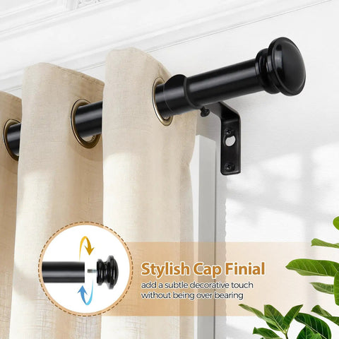 Telescoping Curtain Rod Adjustable From 32 To 58 Inches And 20 To 53 Inches Splicing Design Three Quarters Inch Drapery Rod In Black With Small Cap Finial for easy end slide shown installed with curtain