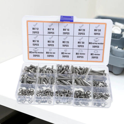 375-Piece Pro Grade 304 Stainless Steel Hex Bolts Nuts And Flat Washers Assortment Kit in open storage case