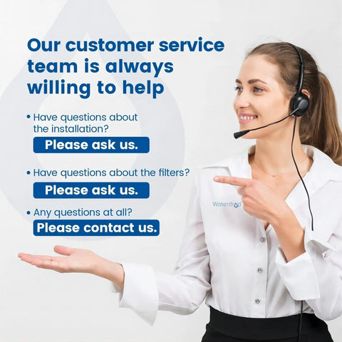 Smiling customer service representative with headset, text about customer support for Alkaline Water Filter Replacement For Pitcher And Dispenser Filtration System 3 Pack That Boosts PH Improves Coffee Taste And Lasts Up To 2 Months Or 100 Gallons Great For Everyday Hydration And Coffee Lovers.