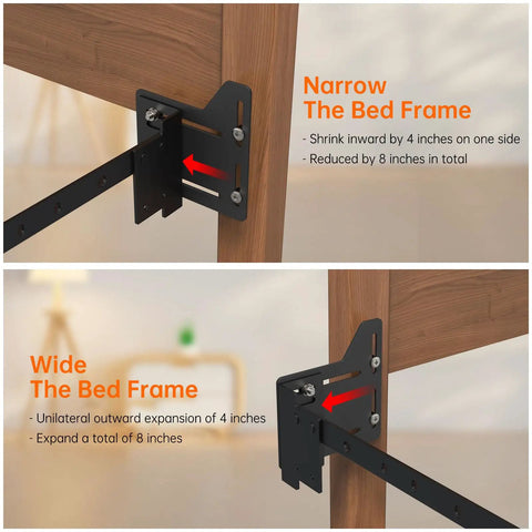 Full To Queen Conversion Kit Pair Of Adjustable Headboard Brackets For Metal Bed Frames Quick Install No Sweat Setup Slides Four Inches For Super Room Upgrade, shown in narrow and wide configurations.