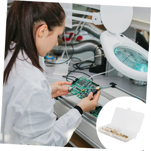 Woman inspecting a circuit board with Top Shelf Brass Hexagon Column Standoff Screw And Nut Assortment Kit For Electronics And Tech Rig nearby.