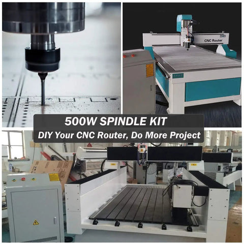 CNC machine with Beefy 500W Air Cooled CNC Spindle Kit with 52mm Mount Clamp, 13 ER11 Collets for DIY engraving and milling.