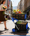 Woman pushing Dope Two Tier Collapsible Shopping Cart With Two Storage Crates And 360 Degree Swivel Wheels on a street