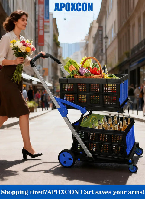 Woman pushing Dope Two Tier Collapsible Shopping Cart With Two Storage Crates And 360 Degree Swivel Wheels on a street