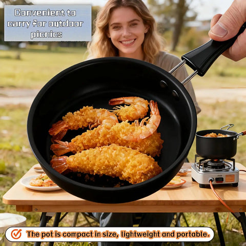 4.7 Inch Mini Frying Pan Nonstick For One Egg Breakfast with shrimp on a portable stove in outdoor setting.