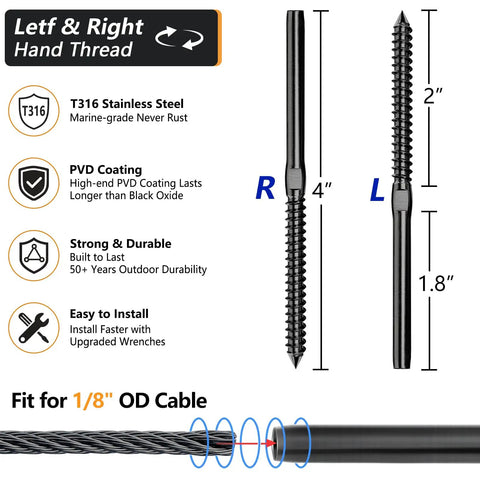 Rugged And Ready Heavy Duty 100 Pack Left And Right Handed T316 Stainless Steel Swage Lag Screws for 1/8 inch cable