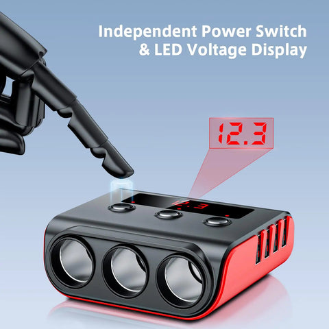 Slick Heavy Duty 7 In 1 Cigarette Lighter Splitter With 3 Independent 12V 24V Socket Outlets And 4 Fast Charge Usb Ports LED Voltage Monitor, showing LED display and power switch.