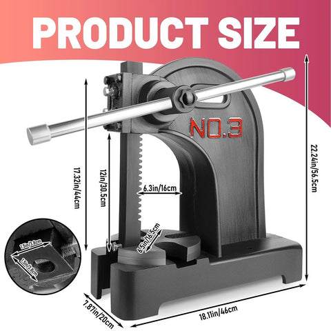 3 Ton Arbor Press Desktop Manual For Metal Forming, Plastic Cutting, And Hole Punching, side view with dimensions, blue finish
