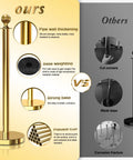 Comparison of gold stanchions with red velvet ropes, showing pipe wall thickening and base weighting against weaker options.