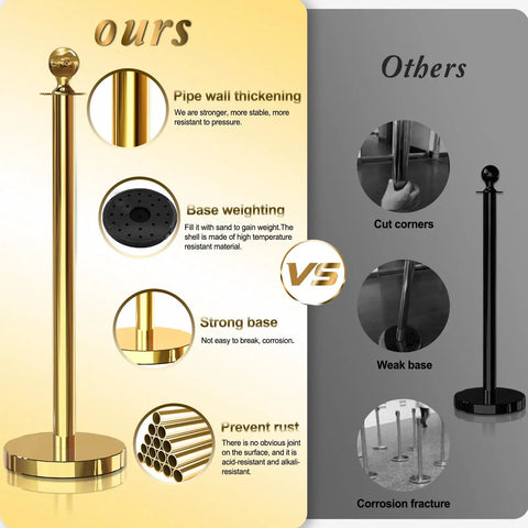 Comparison of gold stanchions with red velvet ropes, showing pipe wall thickening and base weighting against weaker options.