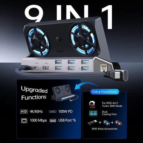 12 In 1 Dual Cooling Fan Docking Station For Steam Deck Rog Ally Xbox And Nintendo Switch With Hdmi 4K 60Hz Gigabit Ethernet And Type C Power Delivery showing fans and ports.