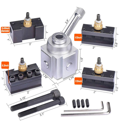 Front view of mini lathe quick-change tool post with AXA-style tool holders, silver post, mounting bolts, and hex keys.