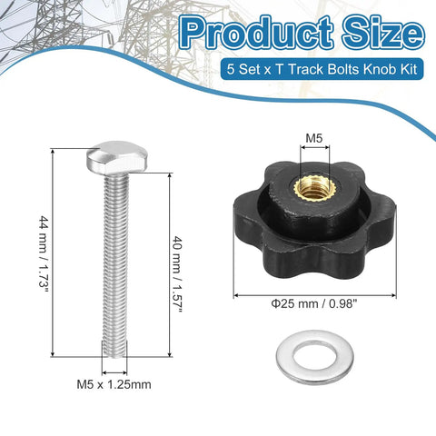 T Track Bolts Knob Kit Five Piece Pro Grade Set M5 x 40mm Bolts With Washers And Six Star Knobs Nuts For Woodworking Jigs And Fixtures Durable Stainless Steel Silver Black Finish, size chart