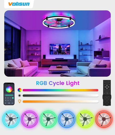 Sleek 24 Inch Rgb Ceiling Fan With Built In Lights And Wireless Remote, Low Profile Flush Mount Setup, Adjustable Cool To Warm Dimming, Whisper Quiet Bladeless Design, Total Room Vibe For Bedrooms Or Chill Spaces in modern living room.