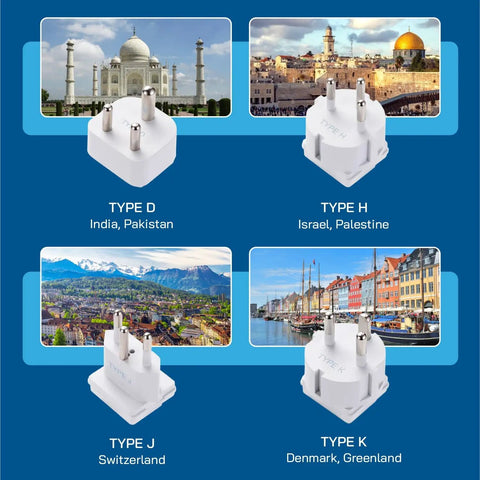 Type D, H, J, K adapters for Must-Have World Travel Universal Power Adapter Kit With 2 USA Outlets, USB-A, USB-C, PD 35W USB-C Port