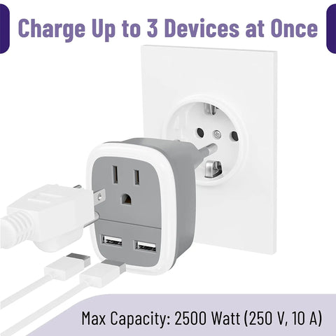 Travel Ready European USB Adapter US To Europe Plug 3 In 1 Power Adapter For Europe Great For France Germany Italy Spain Greece Switzerland Denmark Israel And Other Major Destinations