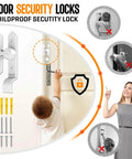 Childproof security lock preventing child from opening door, with installation guide and screws, shown in use by mother and child.