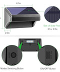Diagram of Solar Fence Lights Outdoor Waterproof LED Color Changing And Warm White with dimensions and control buttons shown.