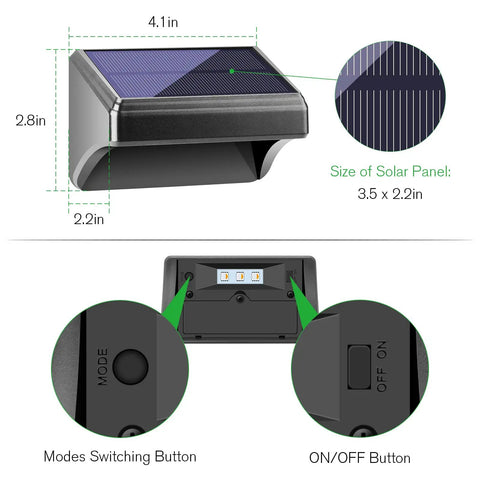 Diagram of Solar Fence Lights Outdoor Waterproof LED Color Changing And Warm White with dimensions and control buttons shown.