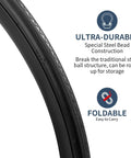 Close-up of Two Pack 700C Road Bike Tires and Heavy Duty Tubes with Ultra-Durable Steel Bead Construction for City Streets