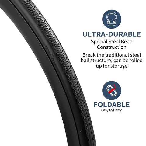 Close-up of Two Pack 700C Road Bike Tires and Heavy Duty Tubes with Ultra-Durable Steel Bead Construction for City Streets