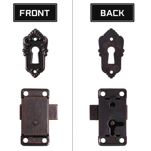 Front and back view of Two Pack Toggle Latch Cabinet Lock Kit With Keys For Vintage Furniture Cupboard Drawer Surface Mount
