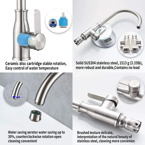 Single Handle Kitchen Faucet Stainless Steel Brushed Nickel High Arc Deck Mount sink tap details and features collage