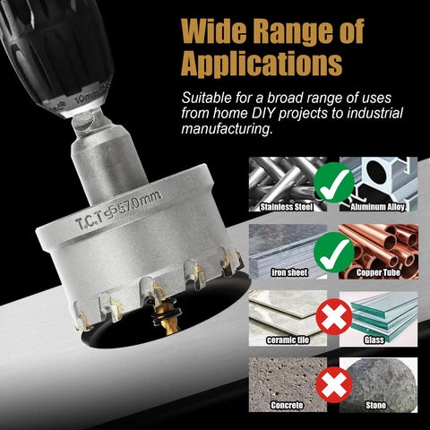 Carbide Hole Saw Kit For Metal 13 Piece Heavy Duty Drill Bit Set cutting stainless steel surface with application guide