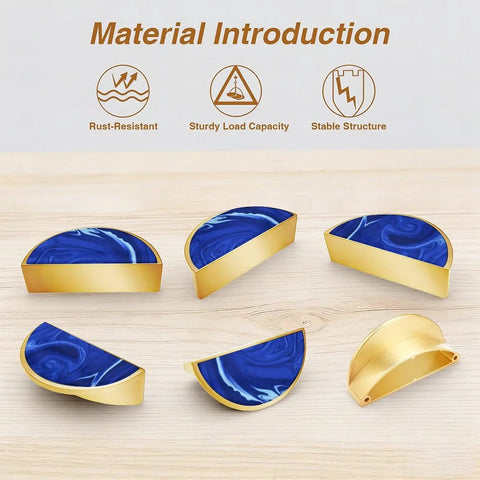 2 Pack Monochrome Blue Fluid Swirl Cabinet Pulls With Gold Semicircle Drawer Handles 3 Inch Center Hole Solid Metal Kitchen Vanity Bathroom Dresser Hardware Modern Marble Pattern Handles For Cabinets