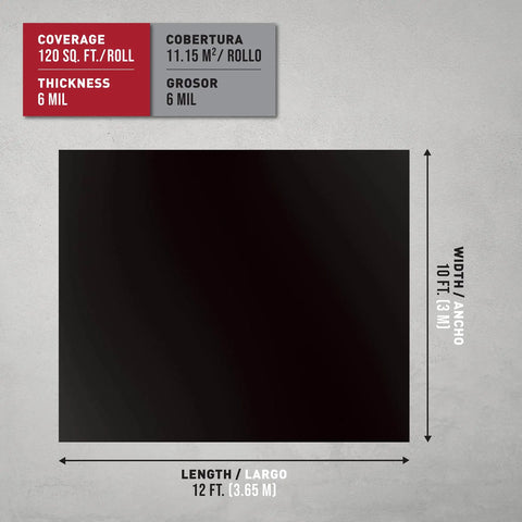 Diagram showing dimensions and coverage of the Moisture Barricade Underlayment Film for Vinyl Laminate SPC and Engineered Wood Floors 6 Mil Thick Polyethylene Vapor Barrier 120 Sq Ft Roll Black Pro Grade Heavy Duty with Easy Seal Adhesive Strip