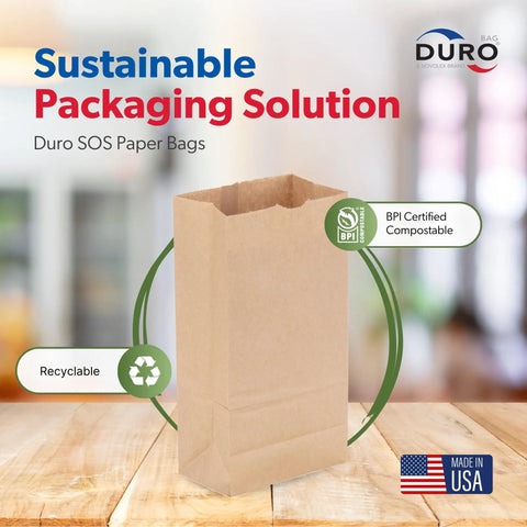 Kraft Paper Lunch Bags 500 Count Bulk, Brown Disposable Bags With SOS Bottom For Standing display on wooden table