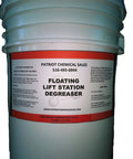 Patriot Chemical Sales 25 lb bucket of floating lift station degreaser granules, white plastic with red label.
