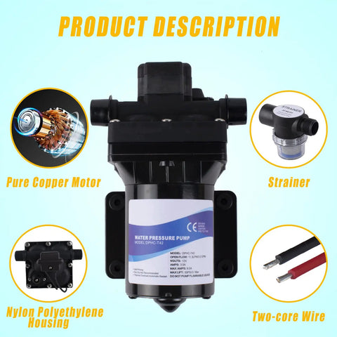 12V DC Diaphragm Water Pump Self Priming 3.0 GPM At 55 PSI for RVs Boats Yachts, includes parts like motor and strainer