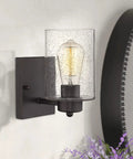 2 Pack Oil Rubbed Bronze Wall Lights With Clear Seeded Glass Mid Century Modern Vibe Interior Wall Sconces mounted on wall