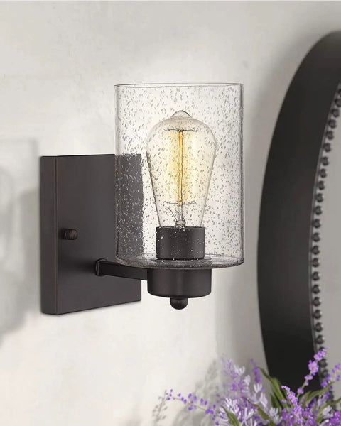2 Pack Oil Rubbed Bronze Wall Lights With Clear Seeded Glass Mid Century Modern Vibe Interior Wall Sconces mounted on wall
